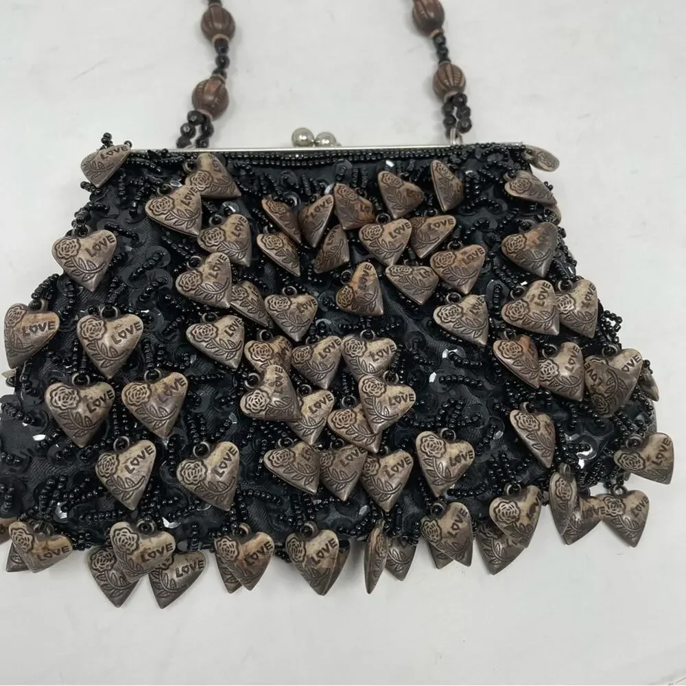 Vintage 80's Love Heart Beaded Kiss Lock Evening Bag